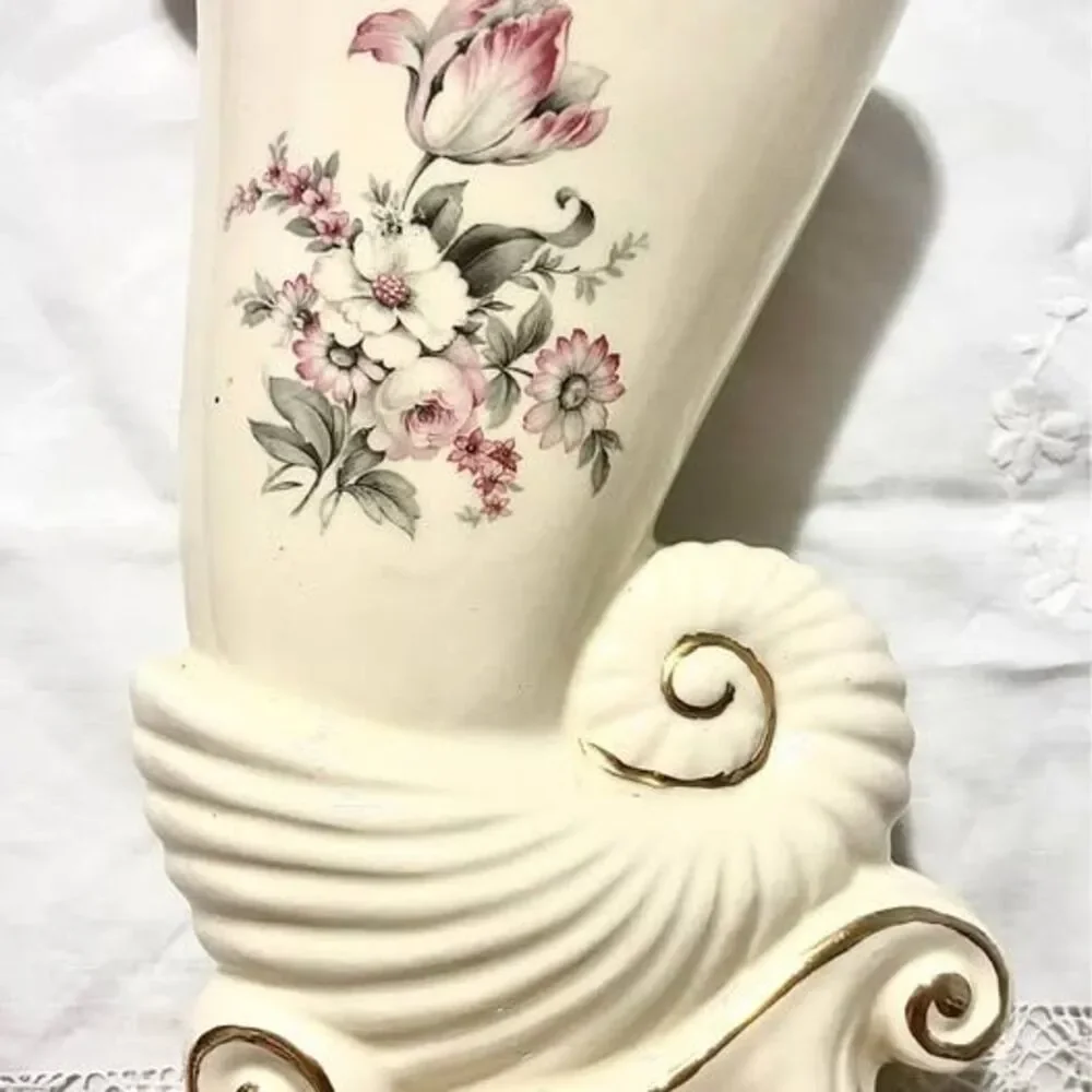 Vintage Cornucopia Vase USA Pottery 10.5” Floral Gold Trim Farmhouse Decor